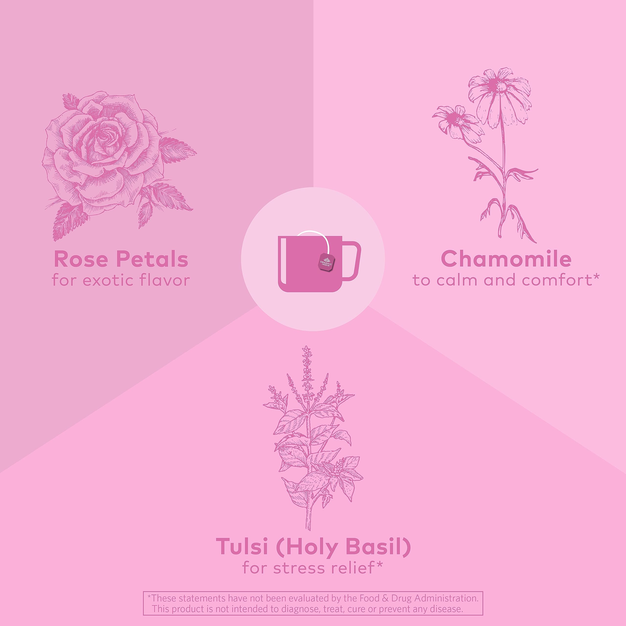 Organic India steaming cup of Sweet Rose tea illustrating calming warmth