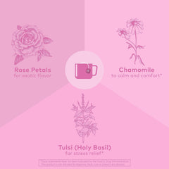 Organic India steaming cup of Sweet Rose tea illustrating calming warmth