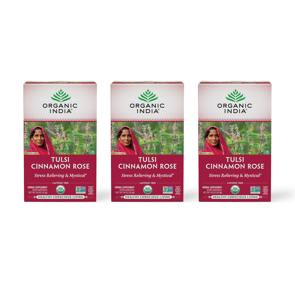 ORGANIC INDIA front pack showing tulsi cinnamon rose tea benefits