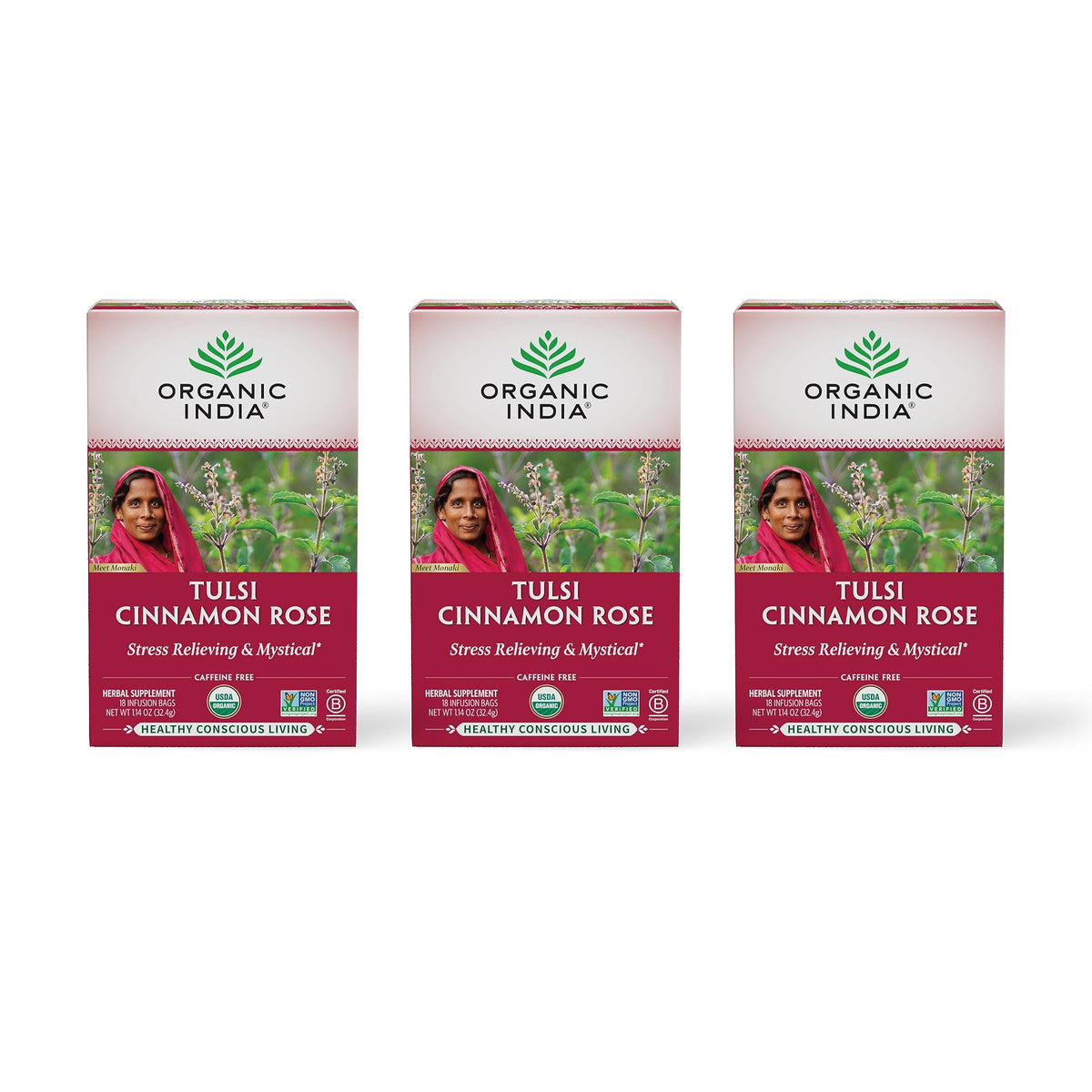 ORGANIC INDIA front pack showing tulsi cinnamon rose tea benefits