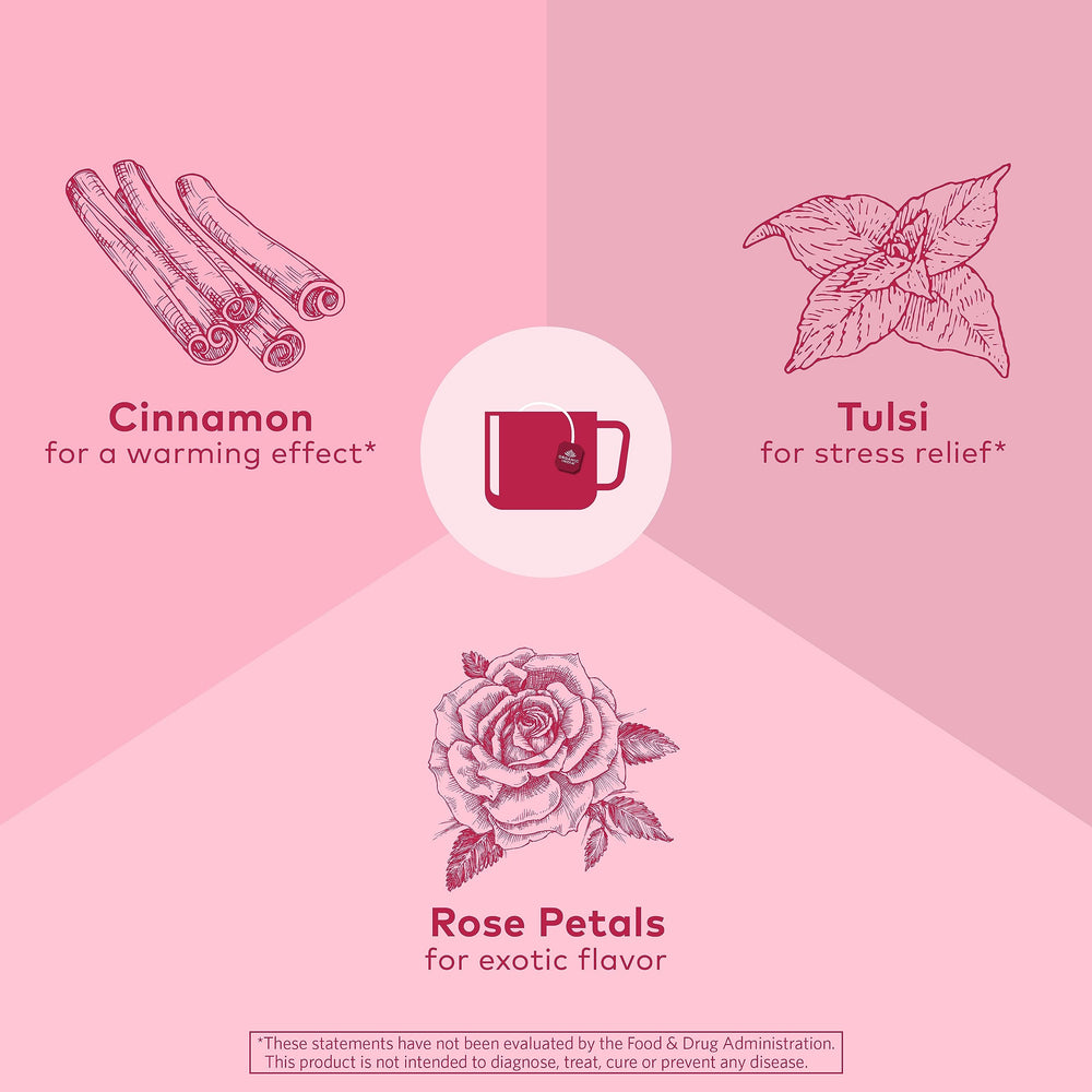 ORGANIC INDIA loose herb mix with cinnamon and rose petals showcasing ingredients