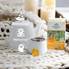 Detailed view of the blend showing chamomile and Tulsi leaves demonstrating organic ingredient quality