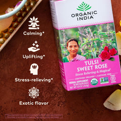 Organic India tea bag detail with tag demonstrating convenient brewing