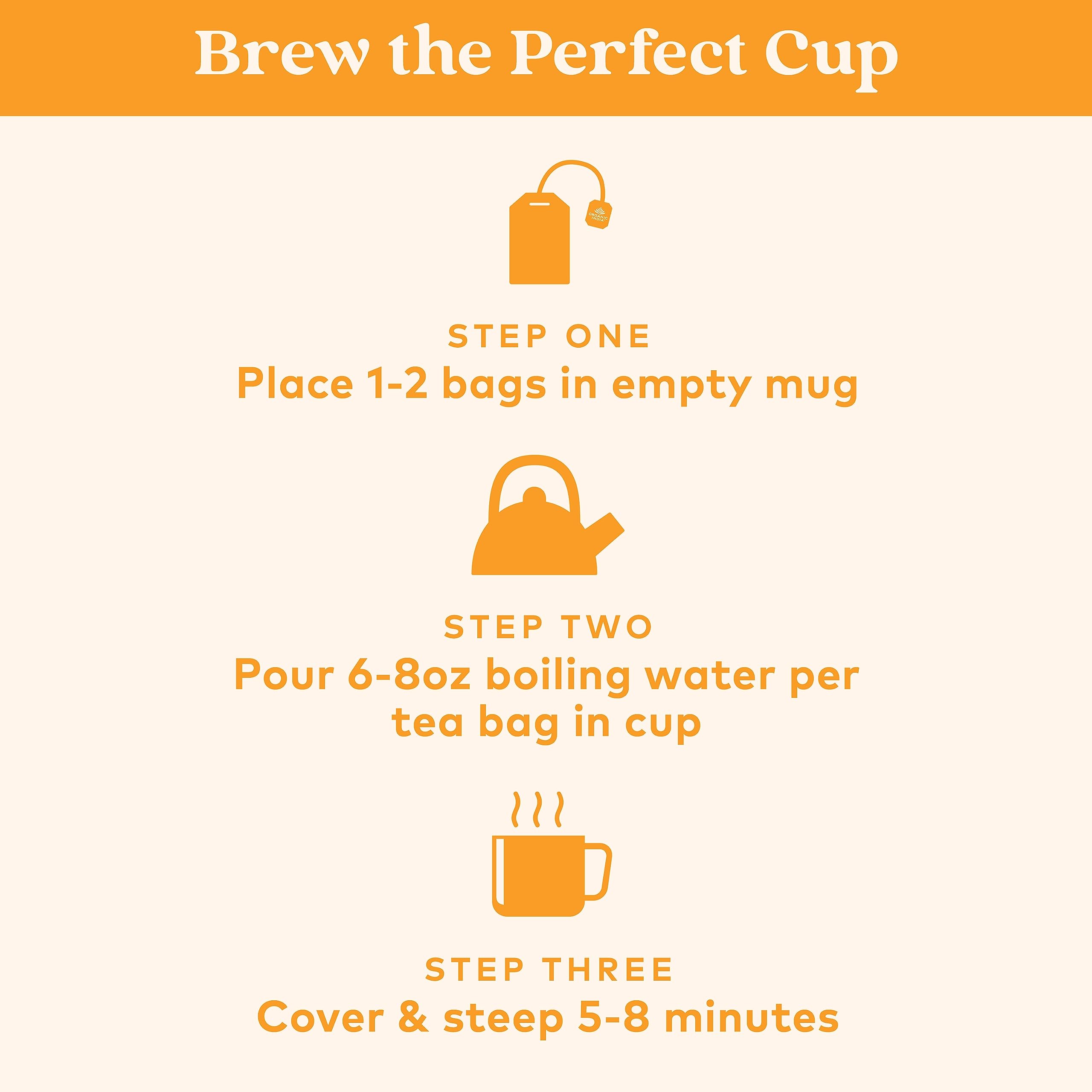 ORGANIC INDIA brewed cup with steam illustrating calming, caffeine-free sip