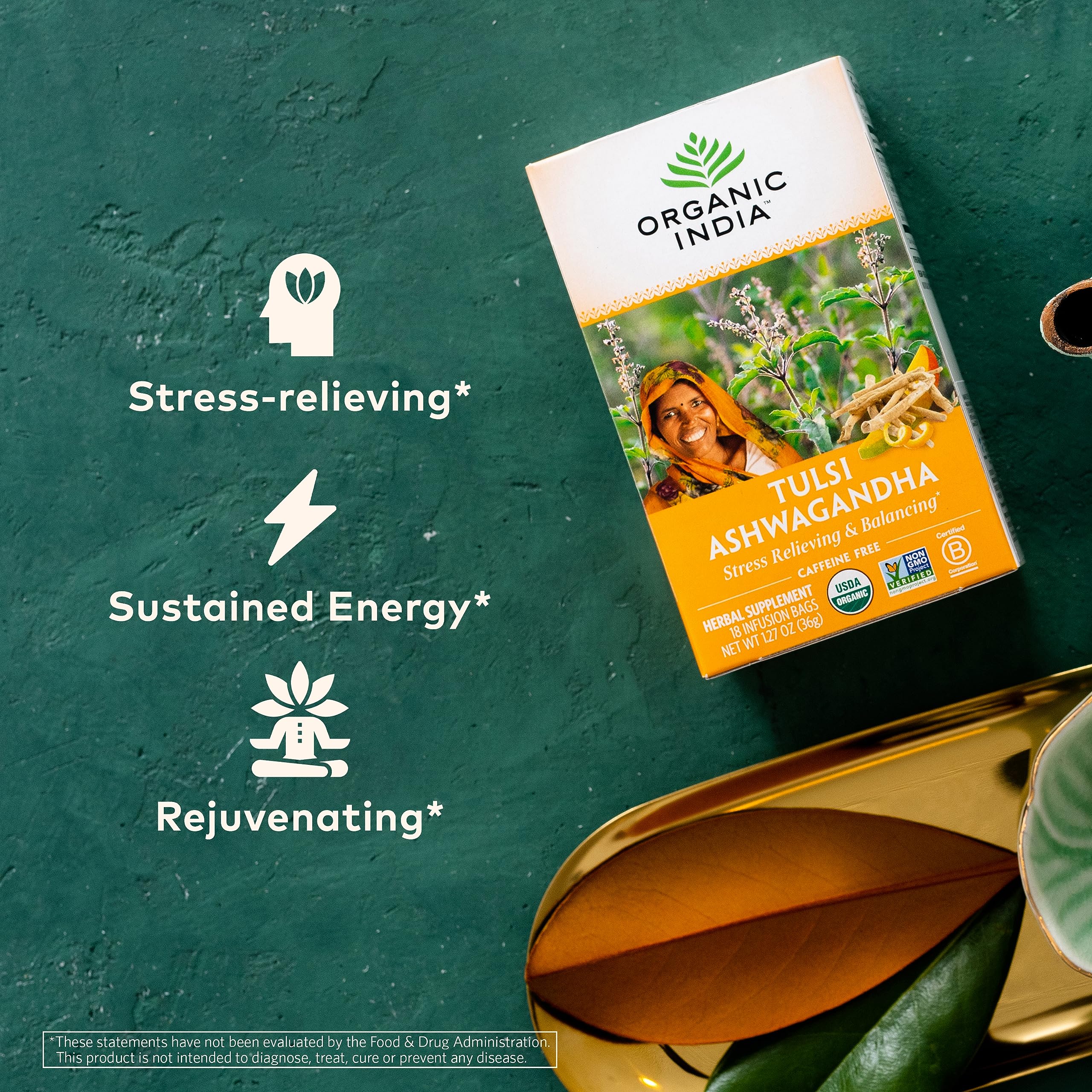 ORGANIC INDIA pouring hot water over infusion bag showcasing easy preparation