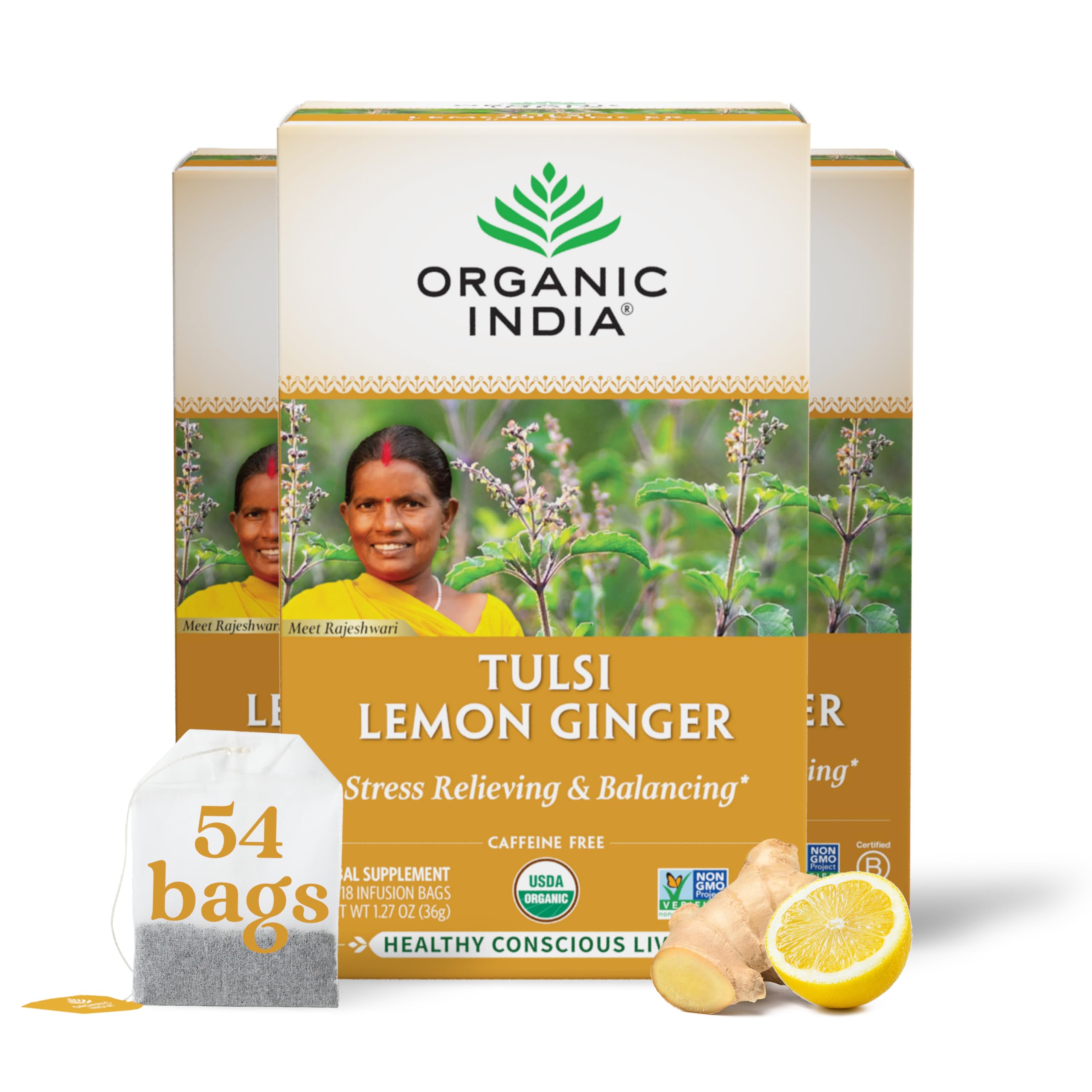 ORGANIC INDIA front packaging showing tulsi lemon ginger tea and organic label, clear product info