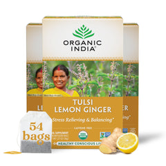 ORGANIC INDIA front packaging showing tulsi lemon ginger tea and organic label, clear product info