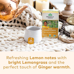 ORGANIC INDIA tea bag close-up showing infusion bag texture and easy brewing benefit