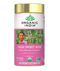 ORGANIC INDIA front canister view showing branding and organic label benefit freshness