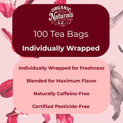 Organic Naturals L.C. brewed hibiscus tea in cup showing ruby-red color