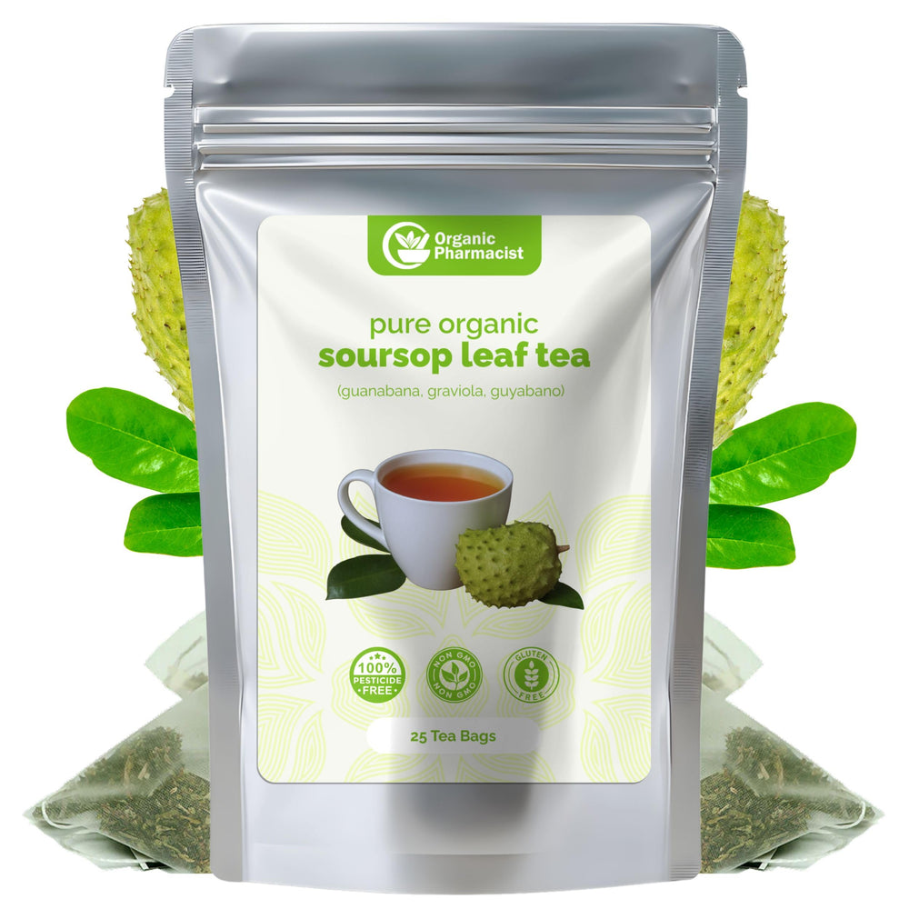 Organic Pharmacist front packaging showing 25-count soursop tea for value