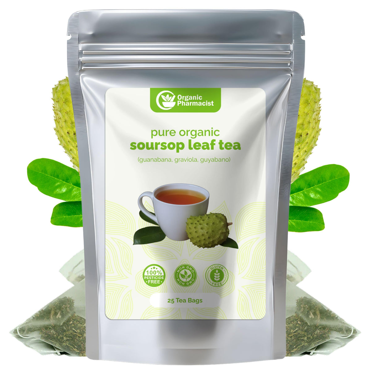 Organic Pharmacist front packaging showing 25-count soursop tea for value