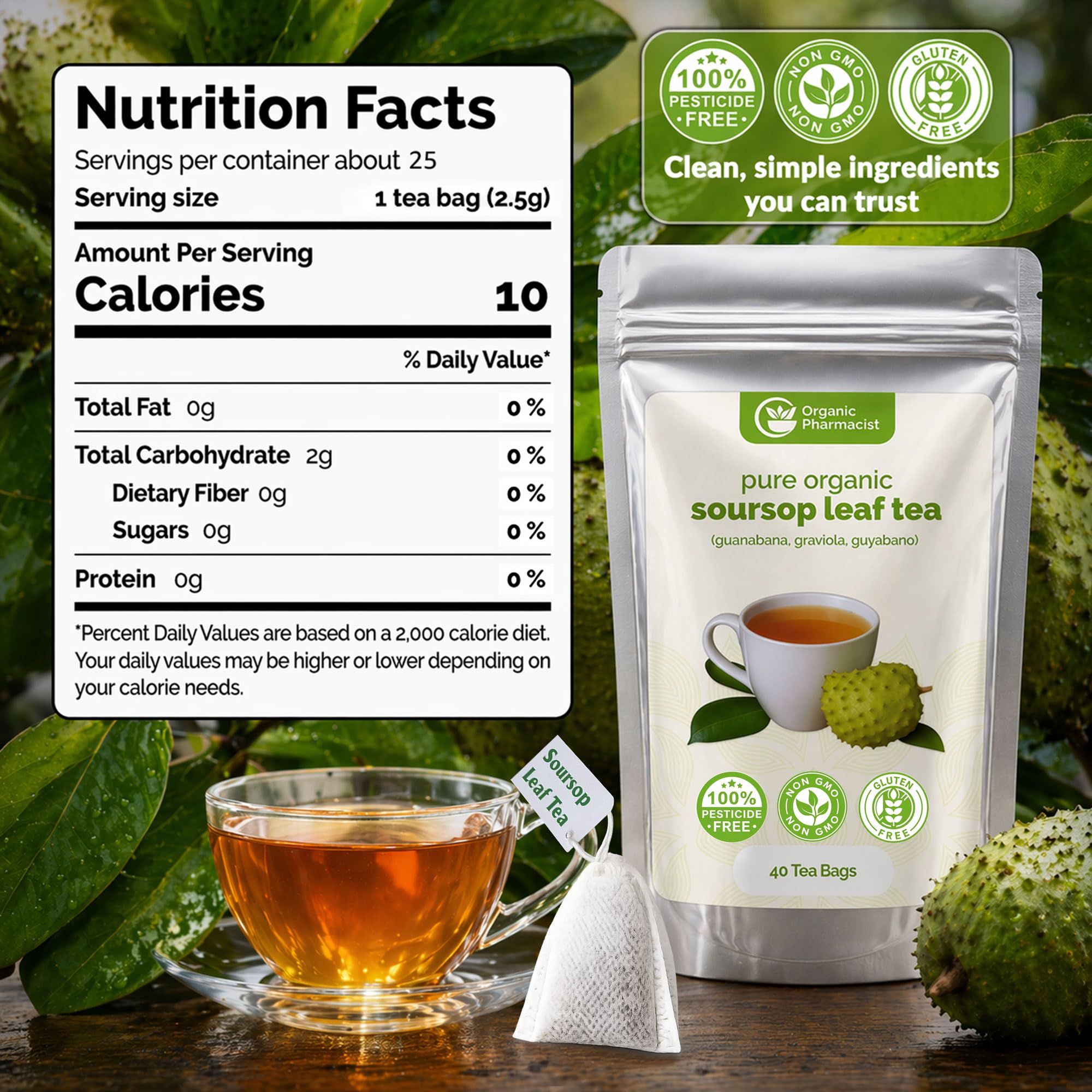 Organic Pharmacist open box with a 2.5 g soursop tea bag ready to brew