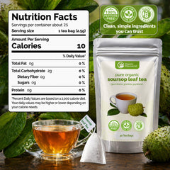 Organic Pharmacist open box with a 2.5 g soursop tea bag ready to brew