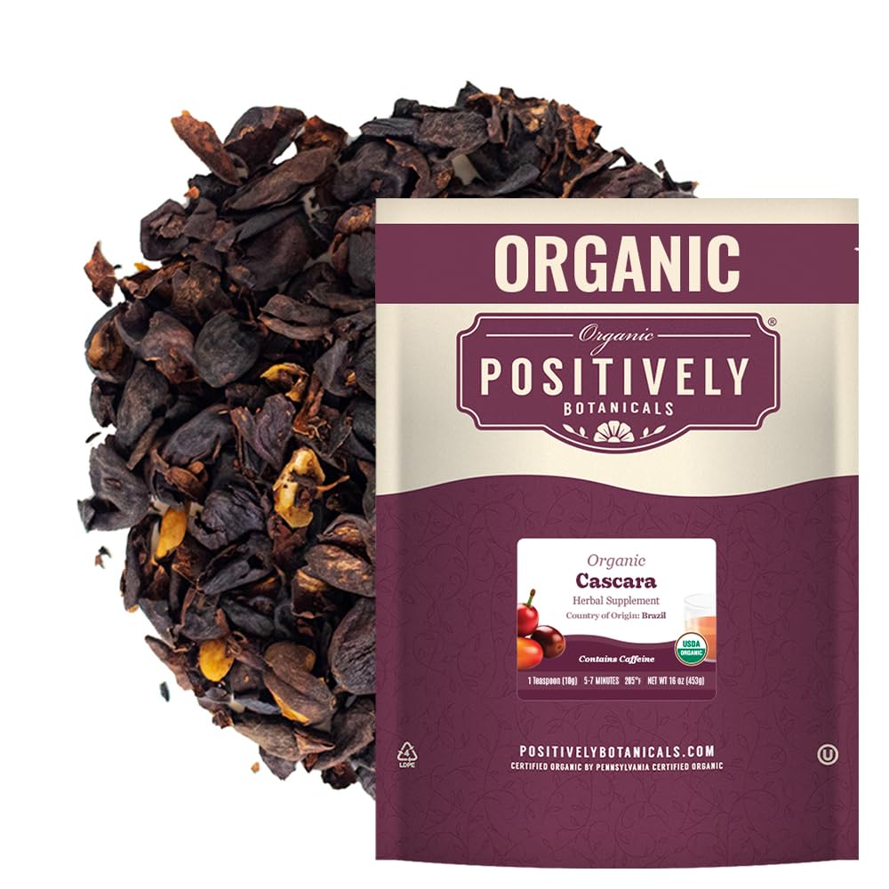 Organic Positively brand front packaging showing 16 oz cascara and clear label, clear product view benefits brewing