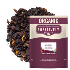 Organic Positively brand front packaging showing 16 oz cascara and clear label, clear product view benefits brewing