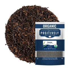 Organic Positively Tea Company front packaging showing 4 oz pouch and organic badge