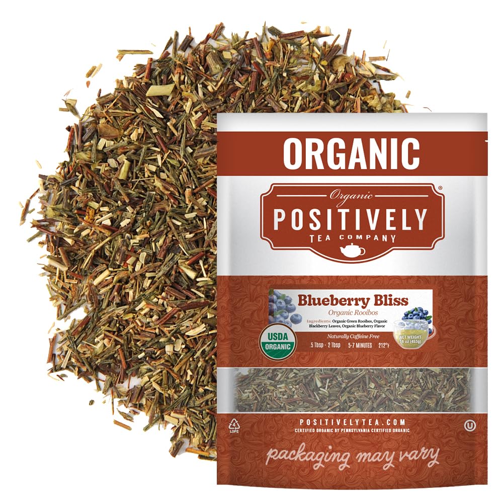 Organic Positively Tea front packaging showing blueberry rooibos and benefits