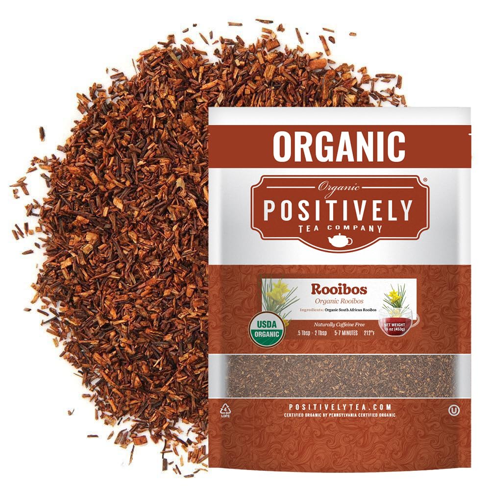 Organic Positively Tea Company front packaging showing 16 oz rooibos and organic badge