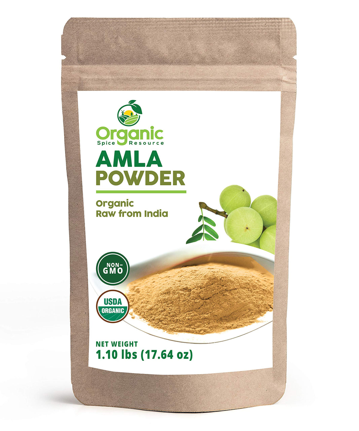 Organic Spice Resource front pouch showing amla powder and certifications, fresh packaging benefit