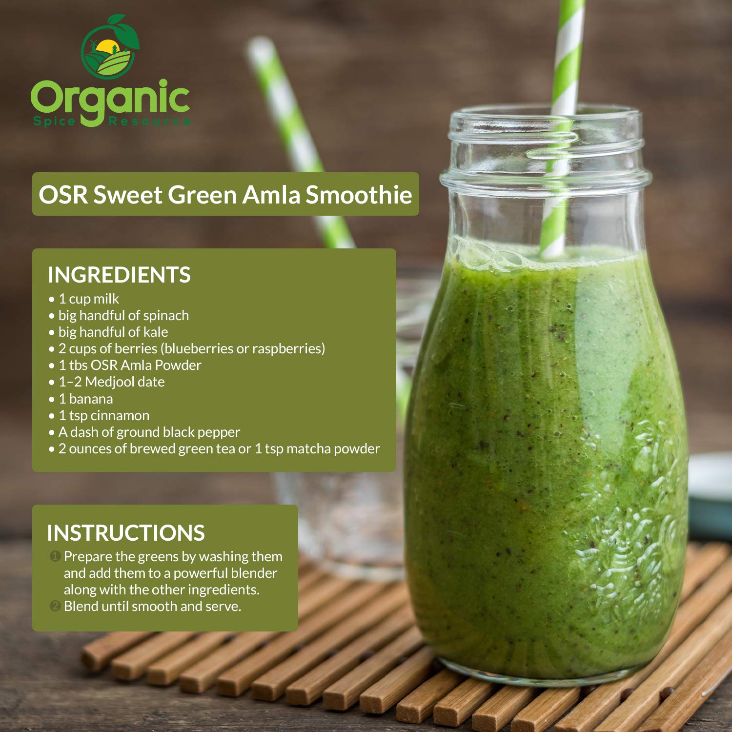 Organic Spice Resource amla powder being stirred into a smoothie for added bright flavor