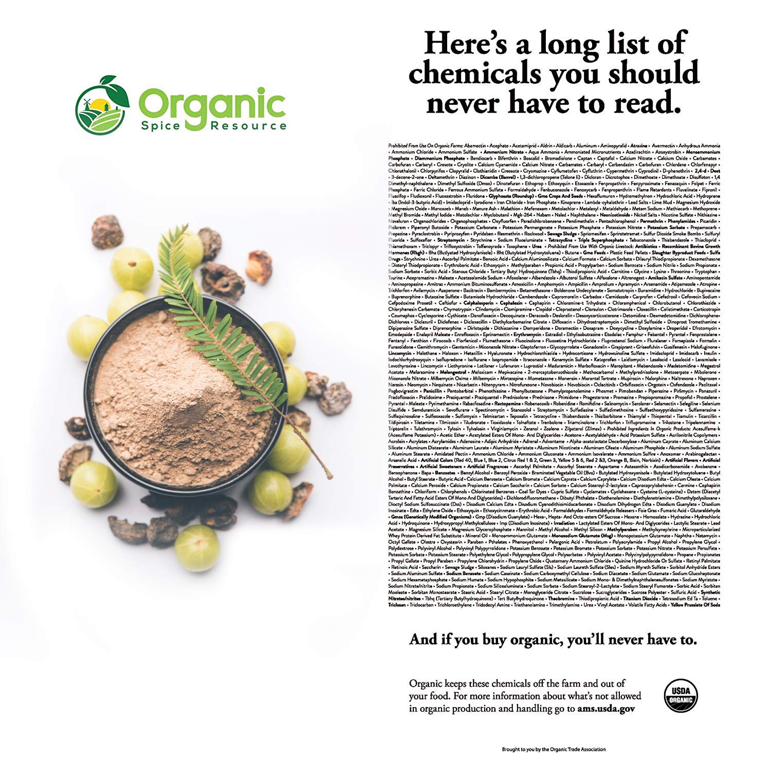 Organic Spice Resource powder pouch beside a kitchen scale showing 1.1 lb bundle convenience