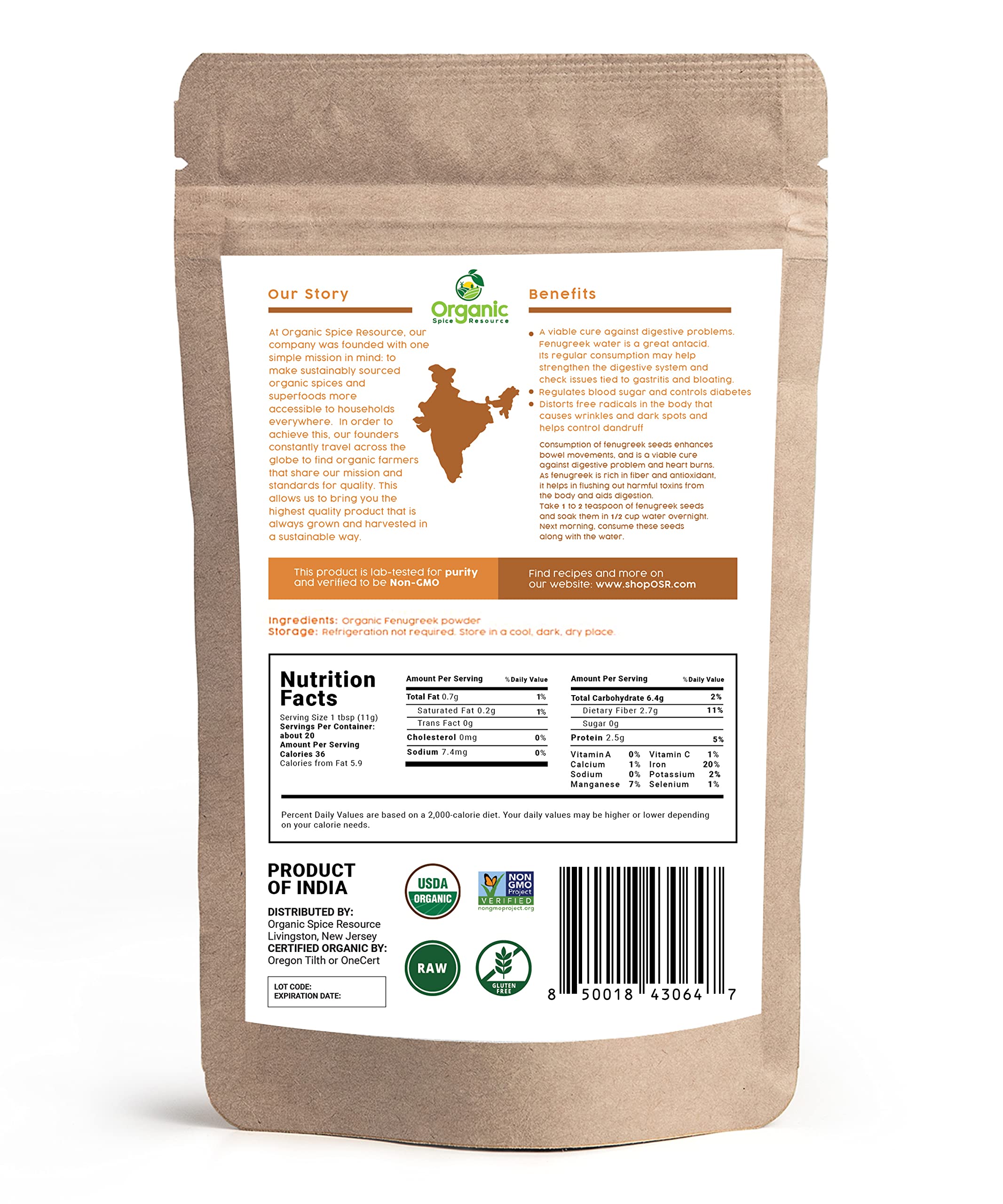 Product label and USDA Organic plus Non-GMO Project badges on Organic Spice Resource fenugreek pack
