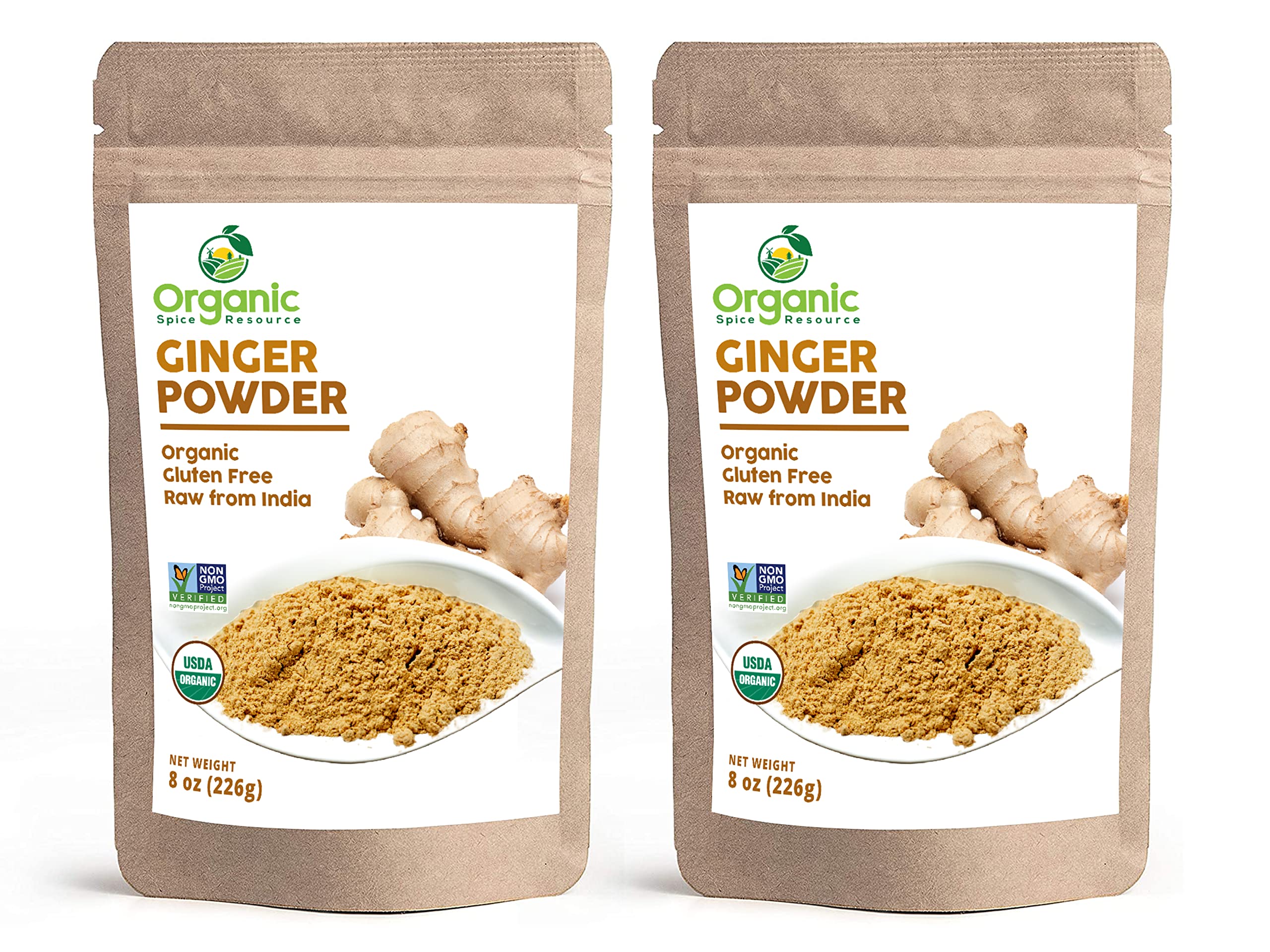 Organic Spice Resource front packaging showing two resealable kraft bags and certification badges