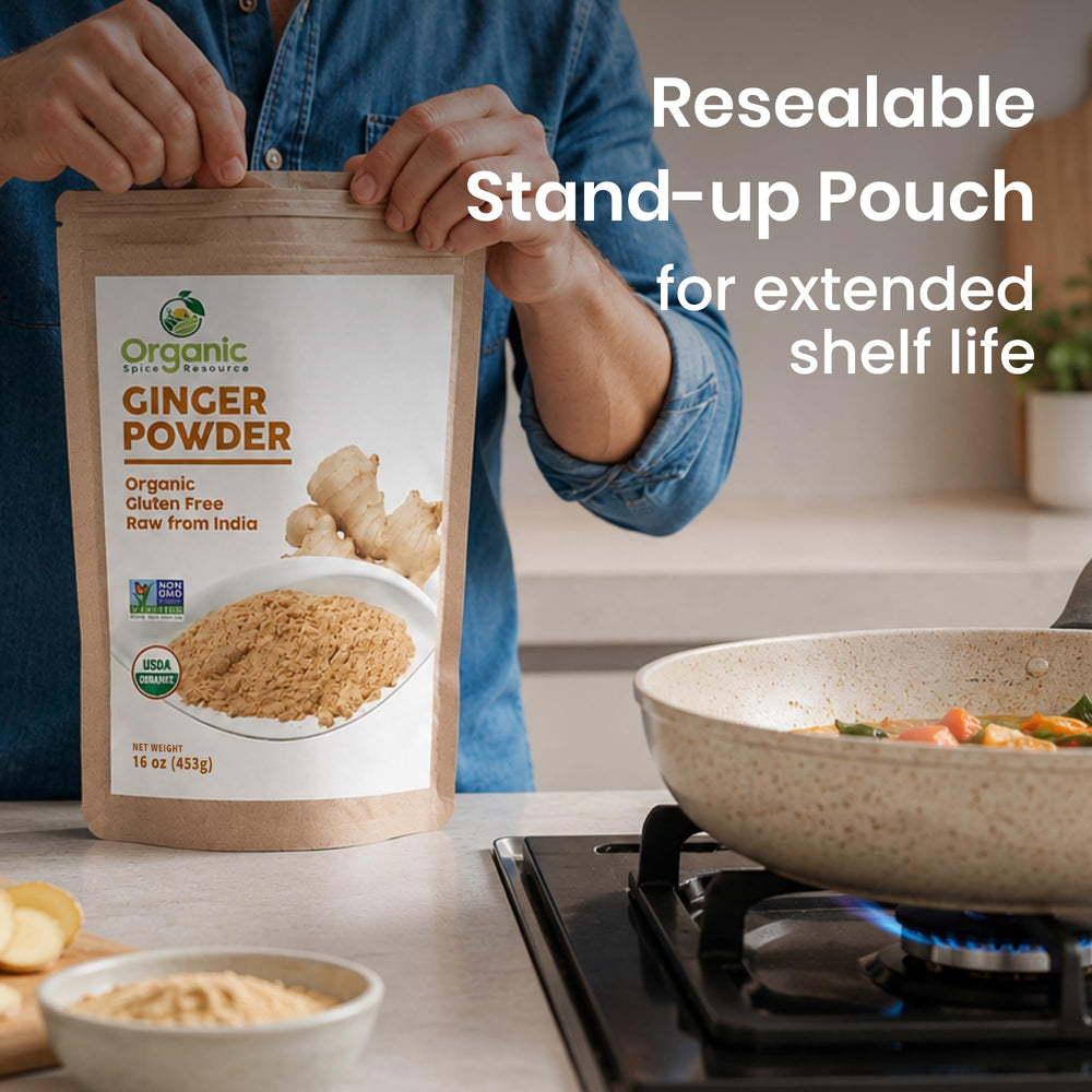 Organic Spice Resource ginger powder measured on spoons showing portion control benefit
