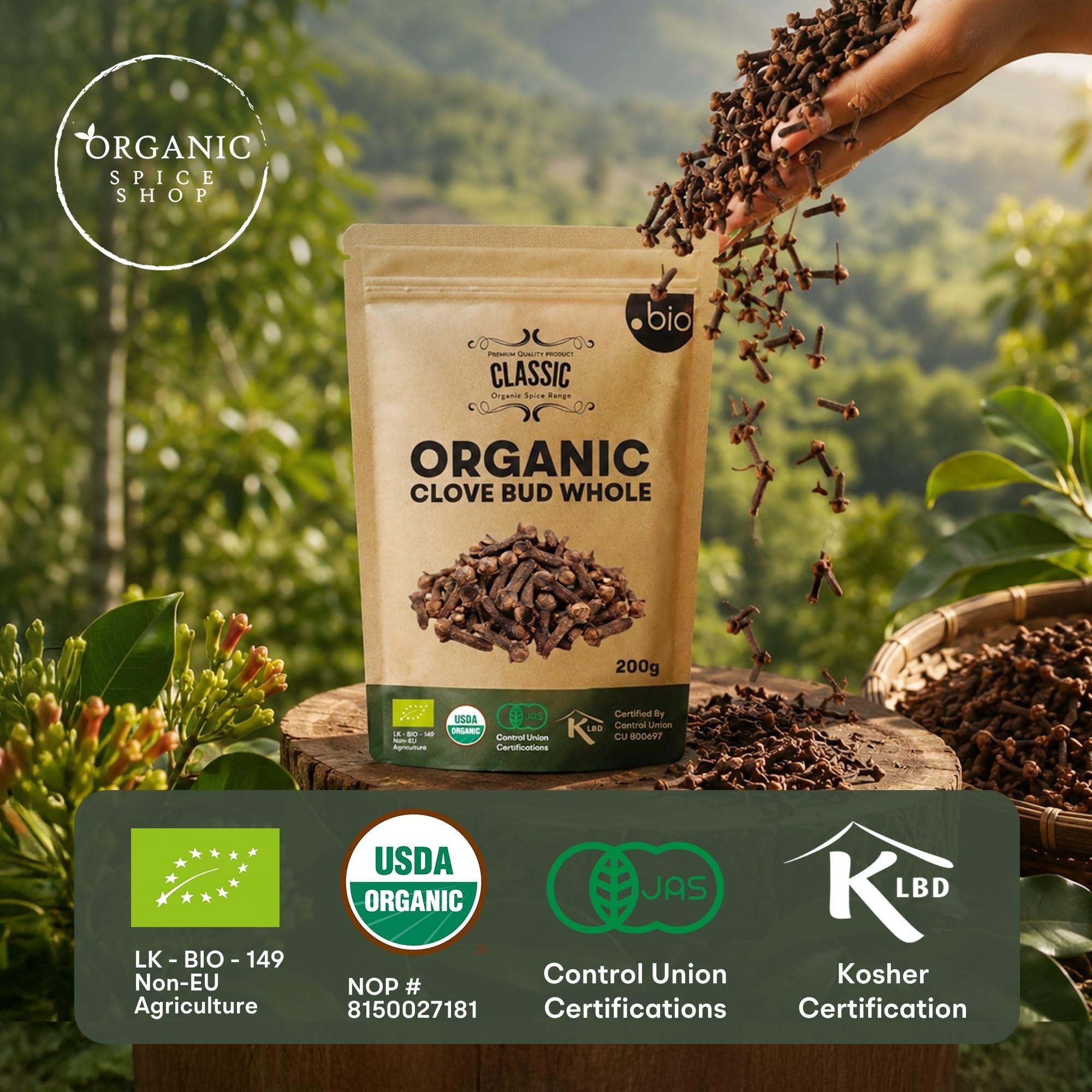 Organic Spice Shop product label with organic certification badges, assures quality