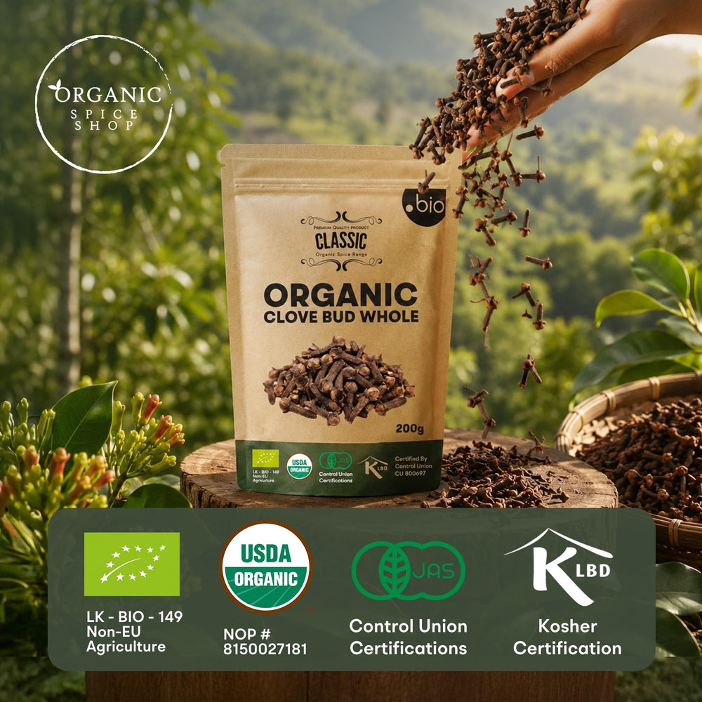 Organic Spice Shop product label with organic certification badges, assures quality