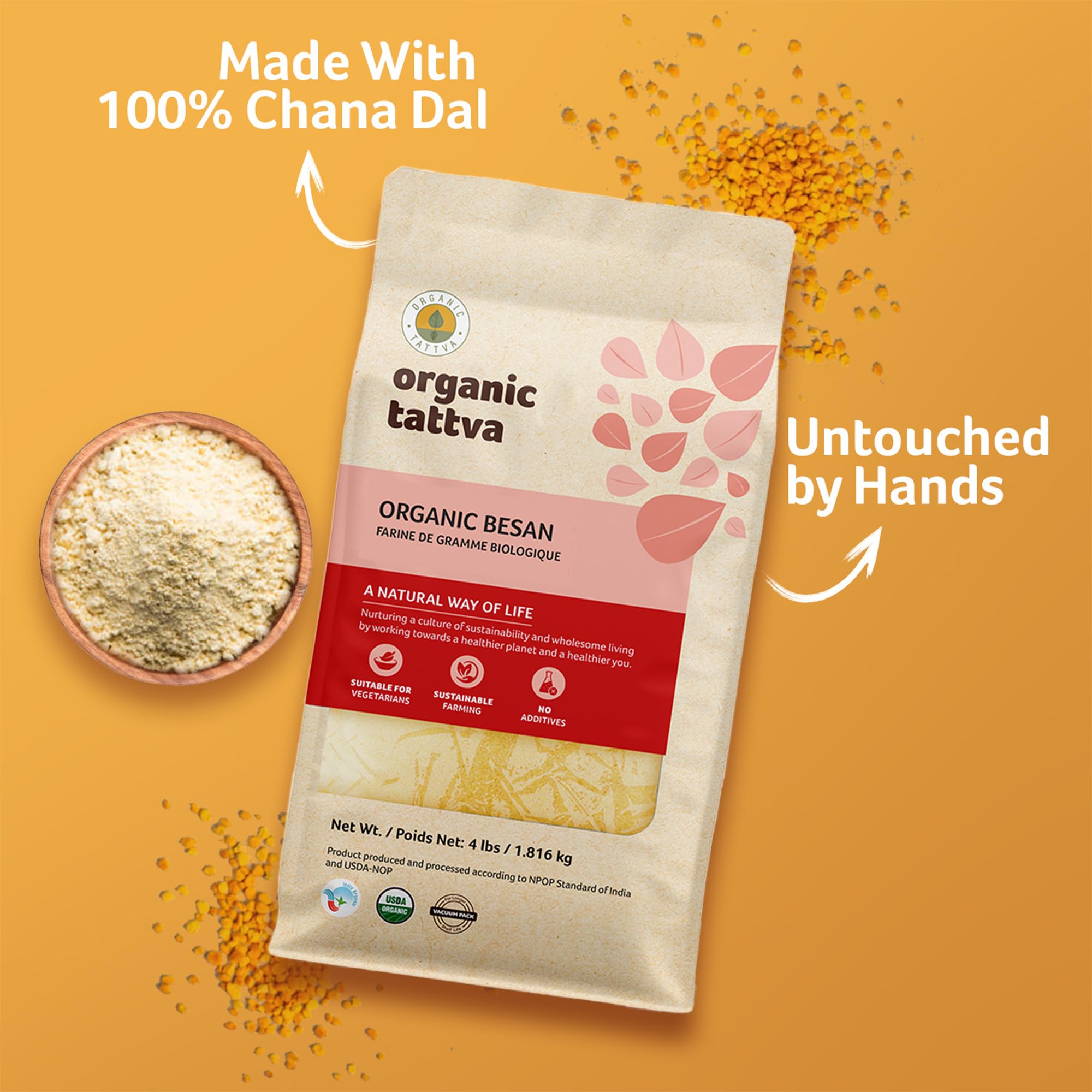 Organic Tattva gram flour mixed into batter in bowl demonstrating smooth blending