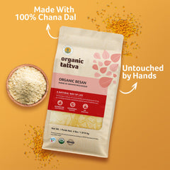 Organic Tattva gram flour mixed into batter in bowl demonstrating smooth blending