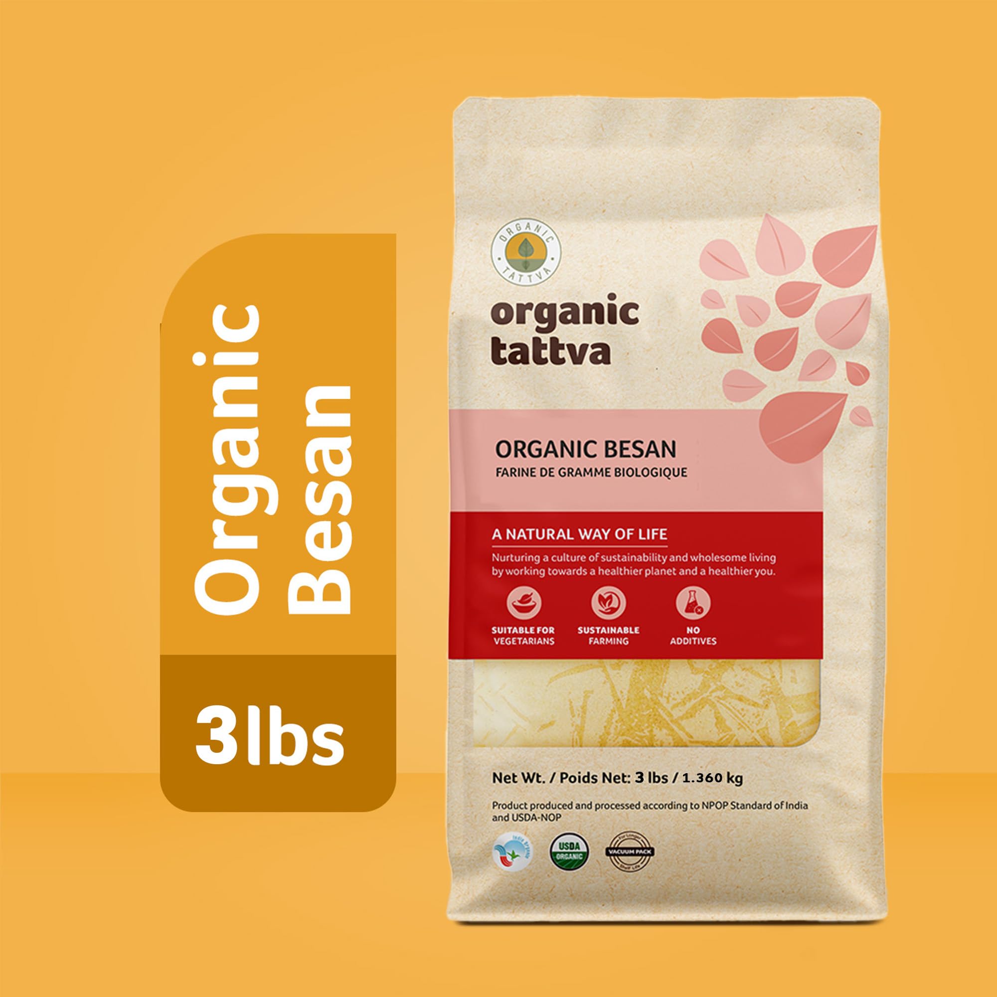 Close-up of fine grind texture of Organic Tattva chickpea flour for consistent battering