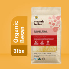 Close-up of fine grind texture of Organic Tattva chickpea flour for consistent battering