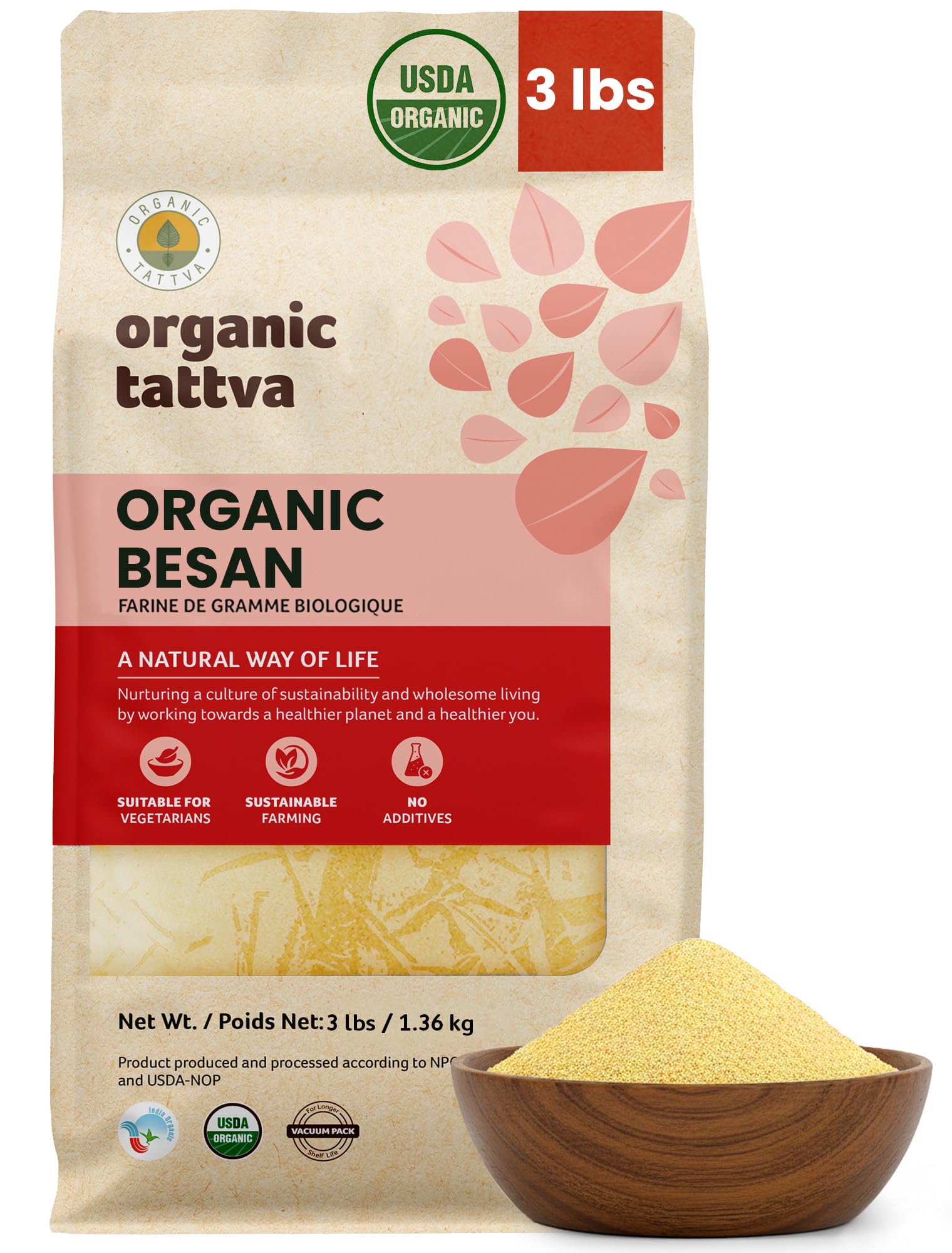 Organic Tattva front packaging showing 3 lb bag and USDA seal for reliable pantry storage
