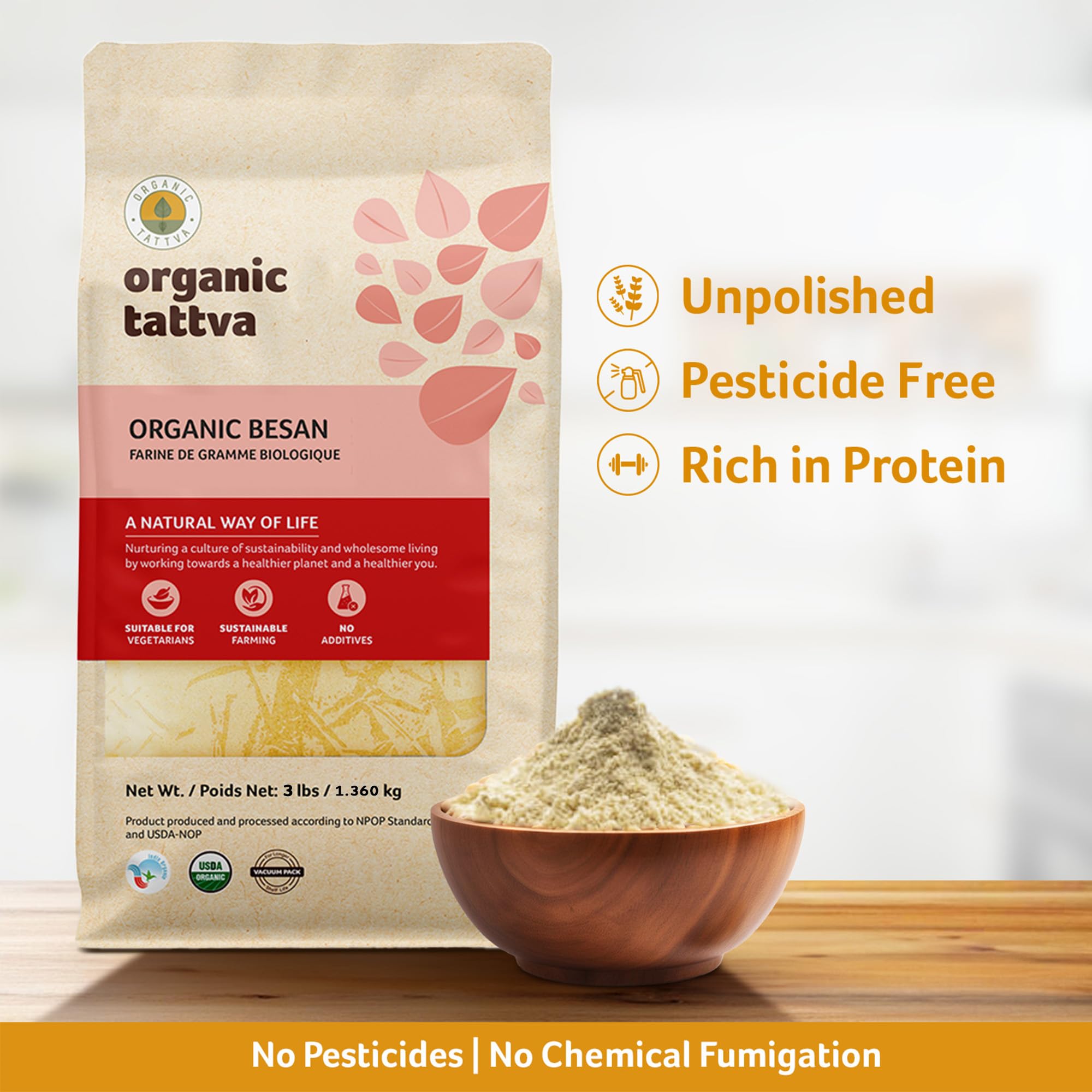 Crisp pakoras made with Organic Tattva besan on plate showing golden frying results
