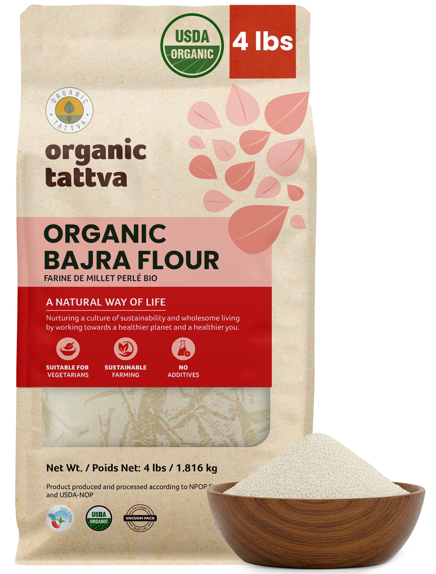ORGANIC TATTVA front pack of bajra flour showing brand and size benefit freshness