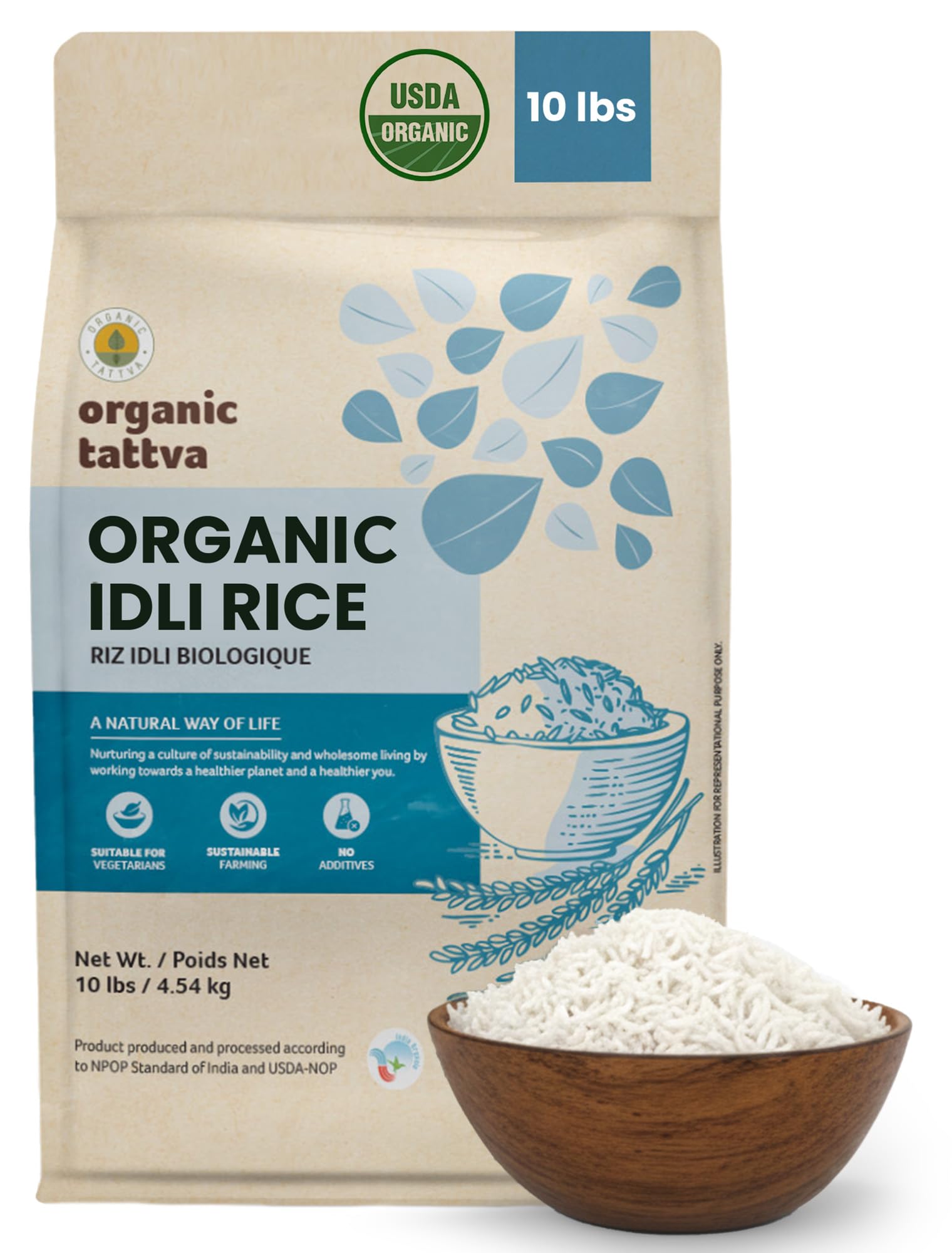 Organic Tattva front packaging showing 10 lb bag and certification benefits