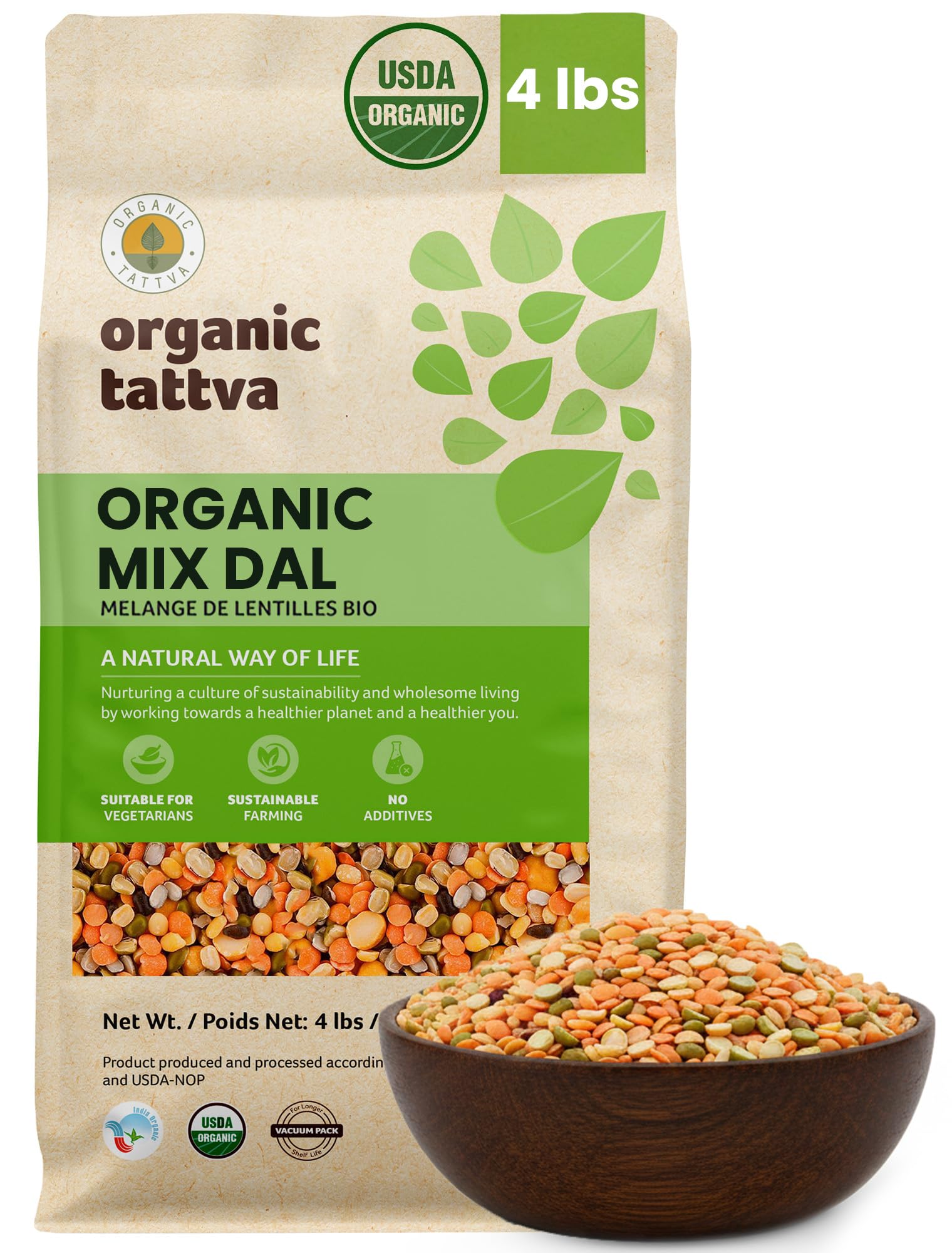 Organic Tattva front packaging showing 4 lb mix dal and clear labeling benefits