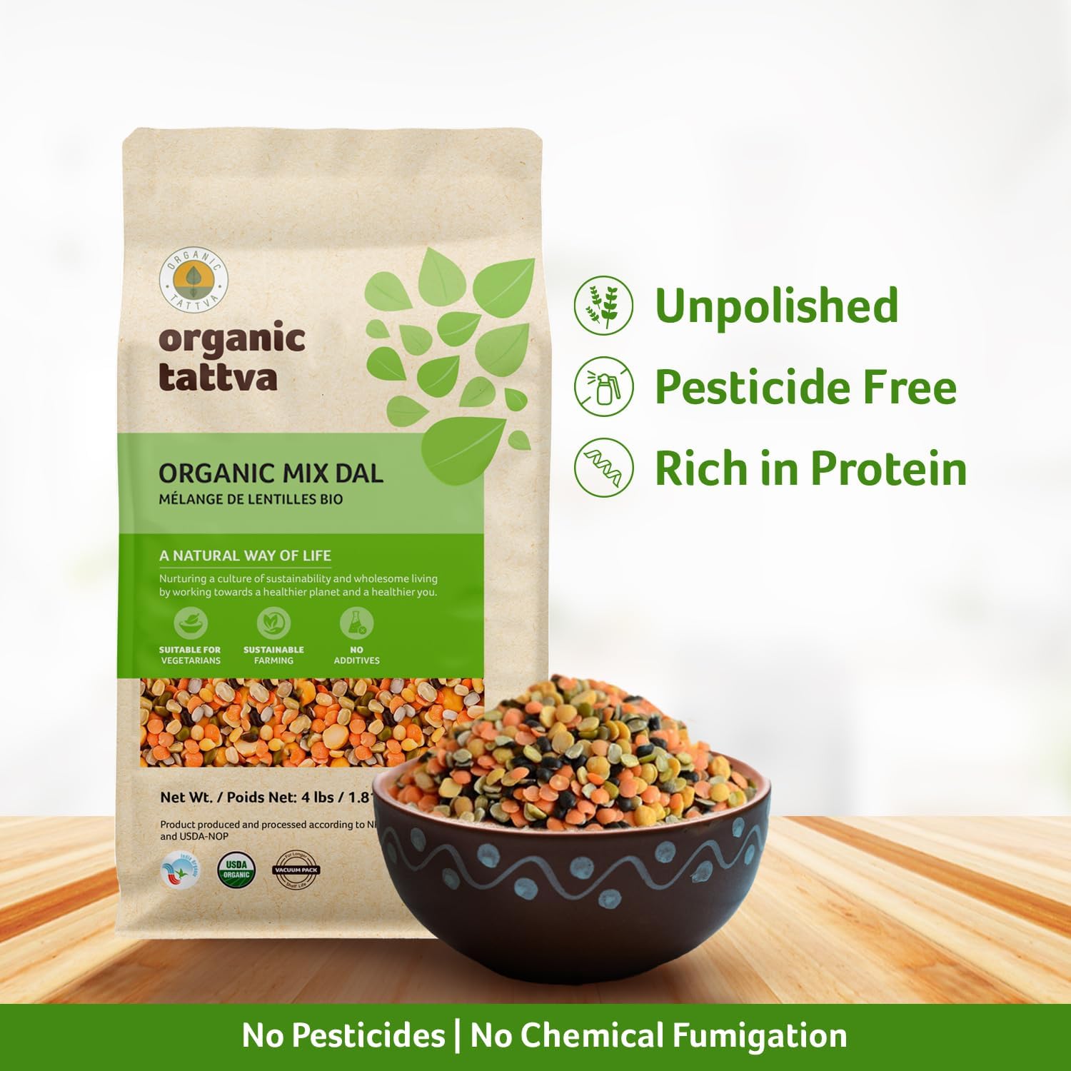 Organic Tattva measuring cup with dried dal showing portion control and meal planning