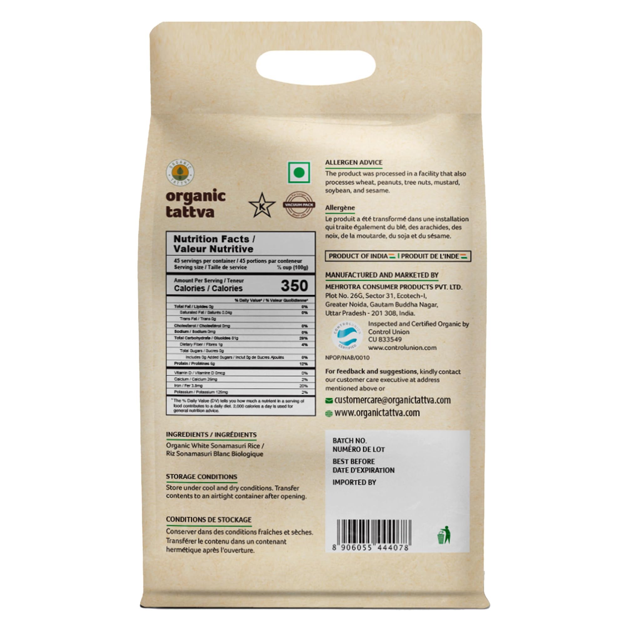 ORGANIC TATTVA vacuum-sealed 10lb bag detail preserving freshness and shelf stability