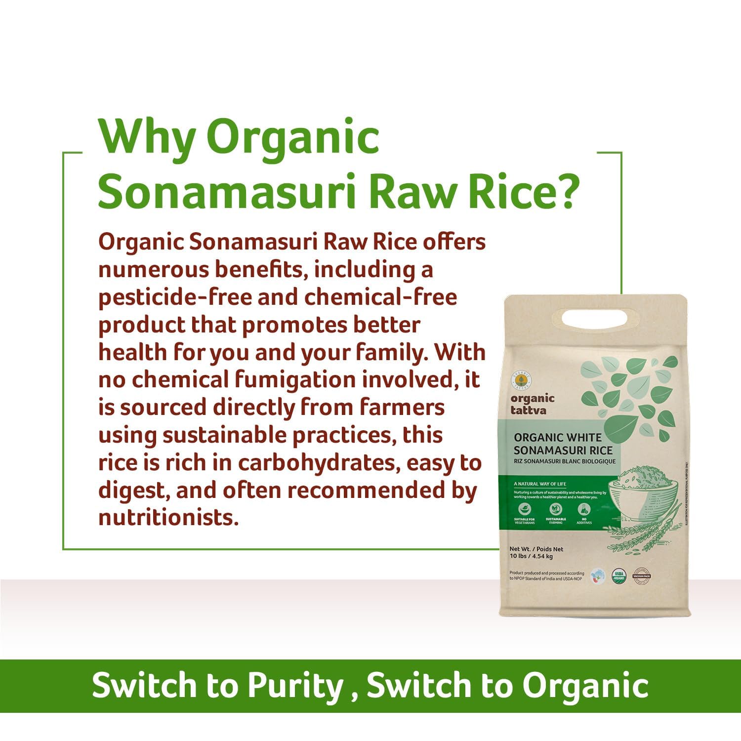 ORGANIC TATTVA bag beside measuring scale indicating 10 lb size and value