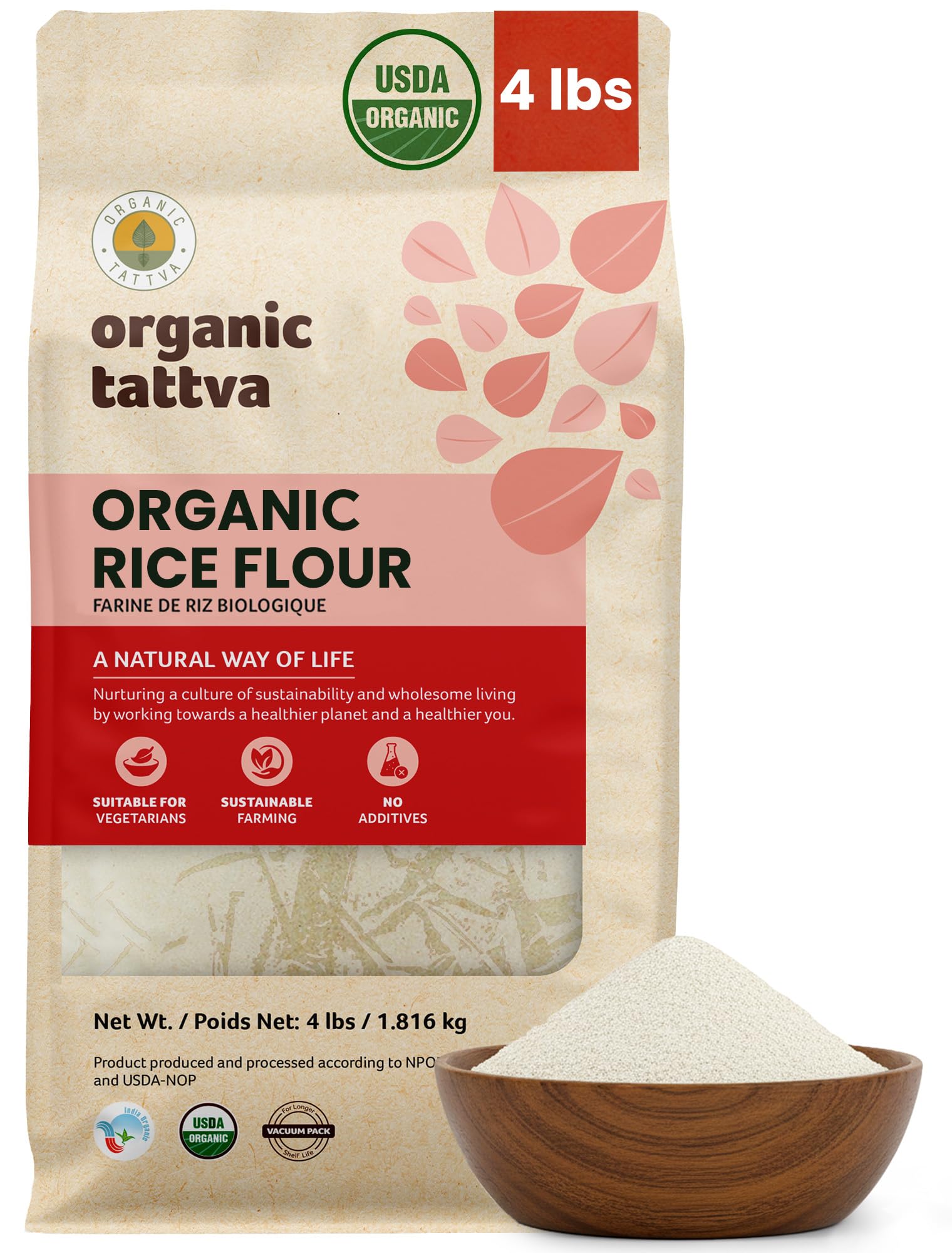 Organic Tattva front pack showing 4 lb bag and clean branding benefit convenience