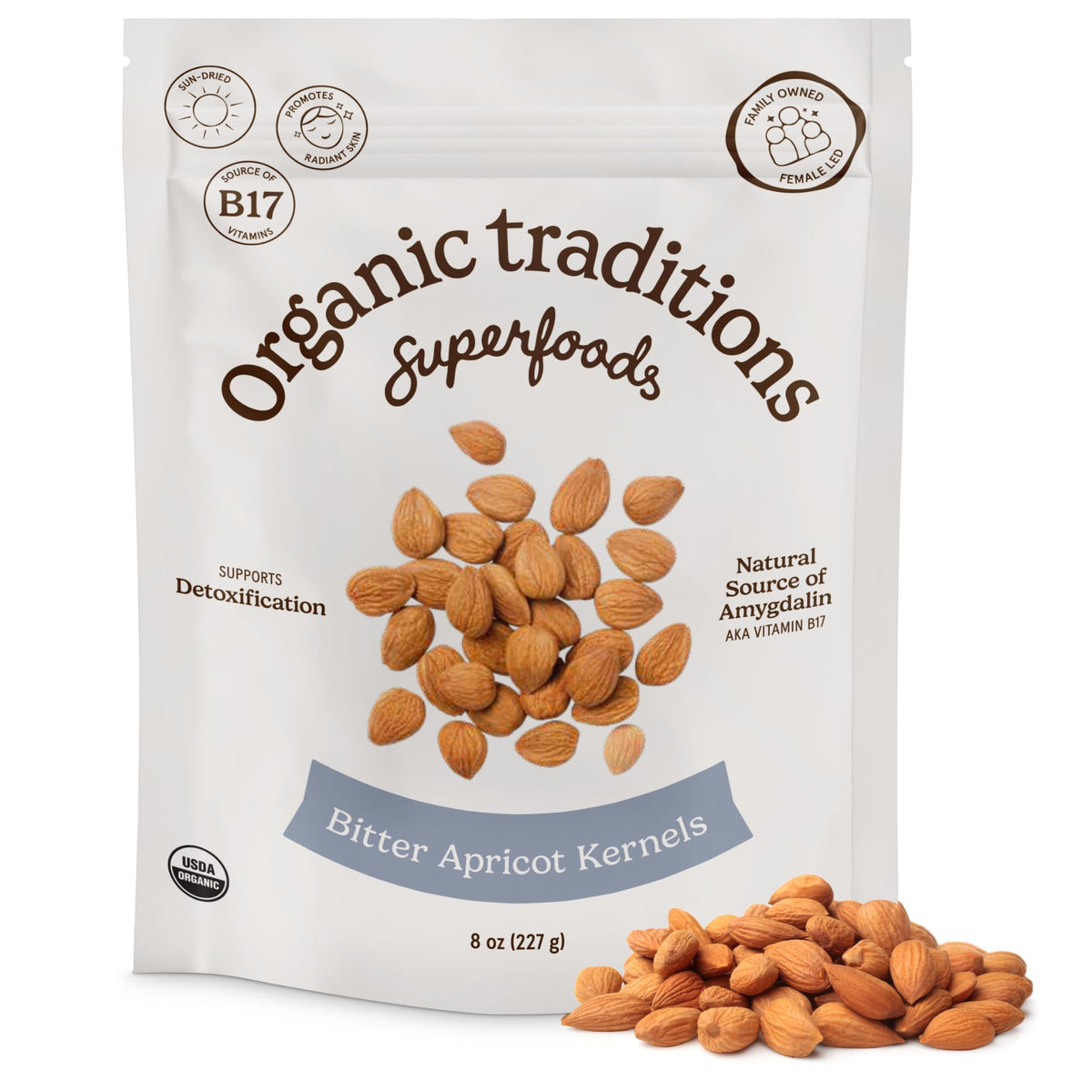 Organic Traditions front pack showing 8 oz bag and clear branding, highlights organic source