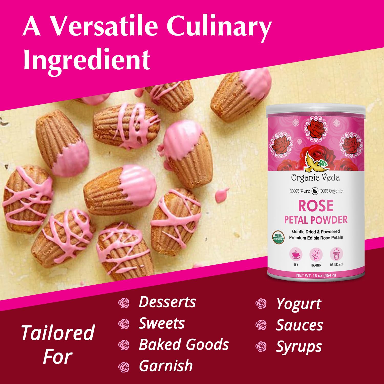 Organic Veda dusted on baked goods for color and delicate flavor
