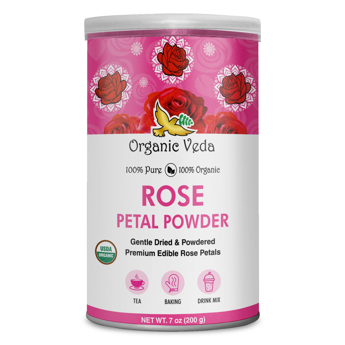 Organic Veda front packaging showing rose powder for culinary use