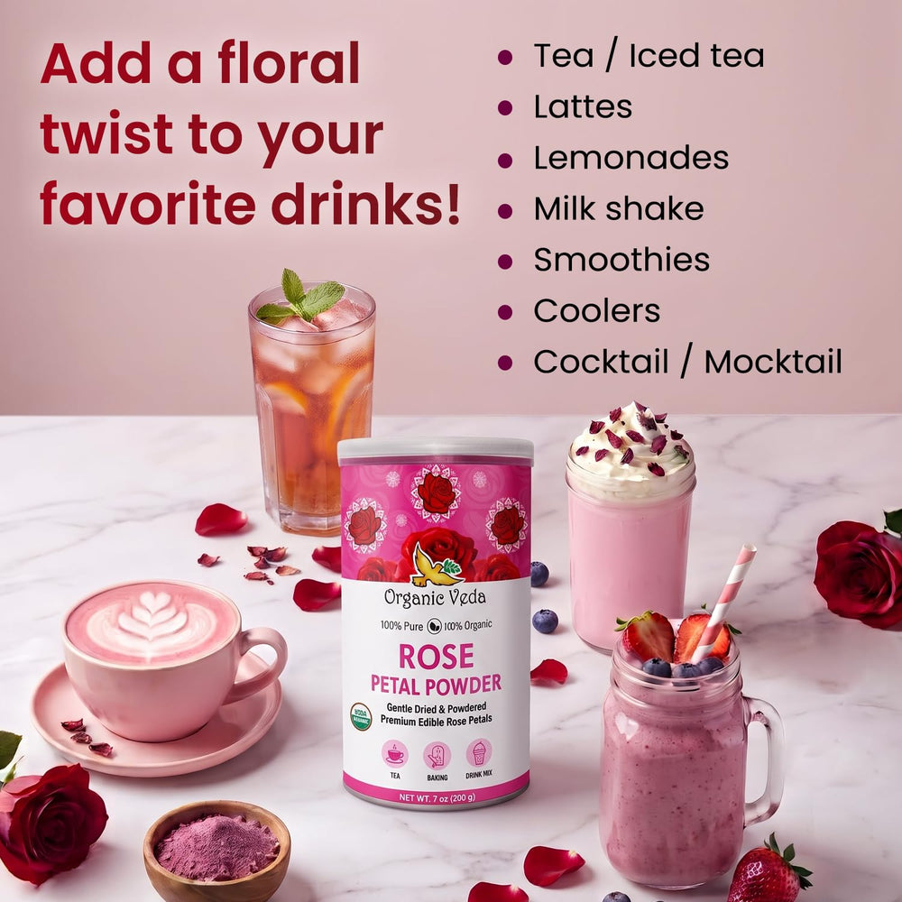 Organic Veda rose powder steeping in a cup of herbal tea for aroma