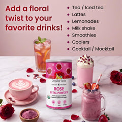 Organic Veda rose powder steeping in a cup of herbal tea for aroma