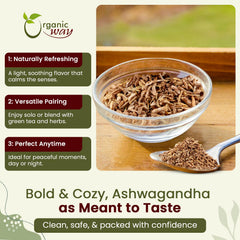 Organic Way close-up of cut ashwagandha root texture, benefit: easy steeping and straining